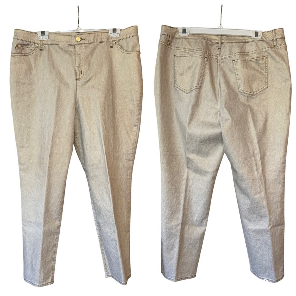 Ellen Tracy Betty Ankle Pants Gold Stretch Foil Metallic Jeans Plus Size 14 EUC